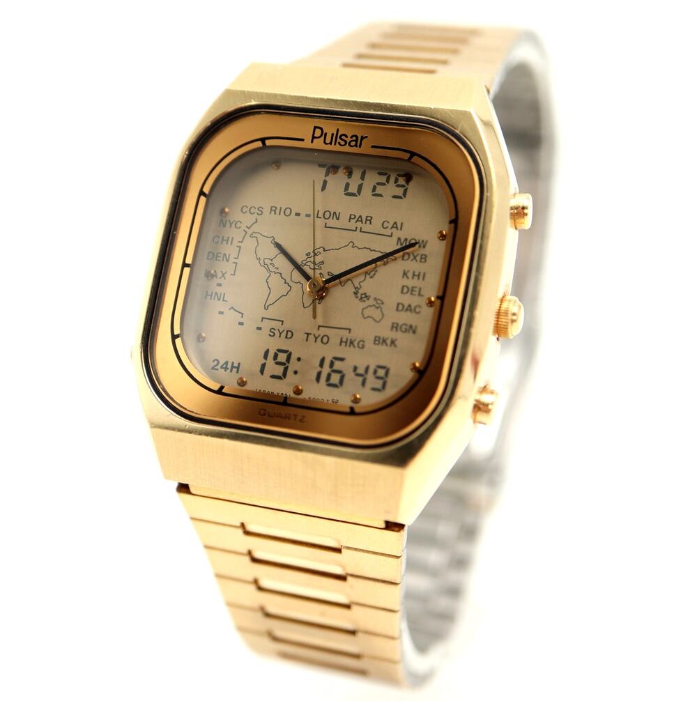 Vintage Pulsar Wizard World Time AnaDigi 32mm Watch 1982 Gold Tone MINT Working